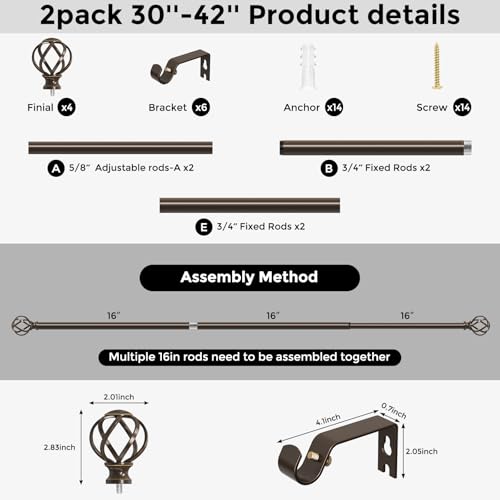 2 Pack Bronze Curtain Rod 30-42 Inch, Adjustable Curtain Rods for Windows - color: Bronze, size: 30"-42"|2 Pack
