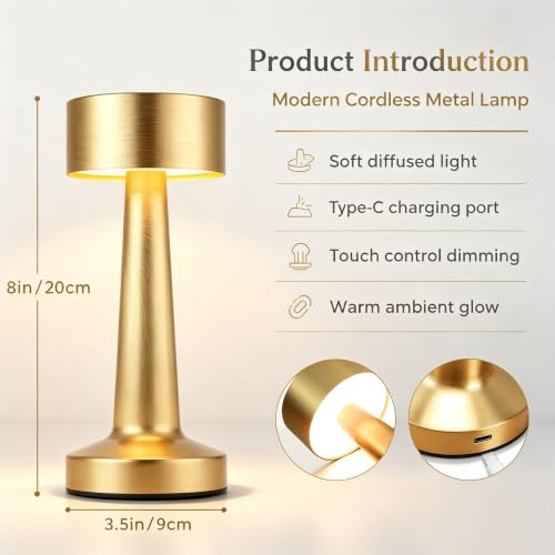 HPUFKOT Portable LED Table Lamp, 3-Levels Brightness Metal Desk Lamp,3 Color Touch Control RechargeableLamp, Ideal Bedside Lamp for Nightstand, Bedroom,Living Room (Light Golden) - color: Light Golden