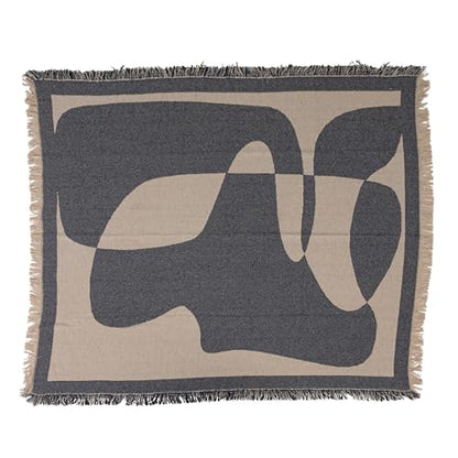 Bloomingville Woven Cotton Blend Jacquard Throw Blanket, Natural and Blue