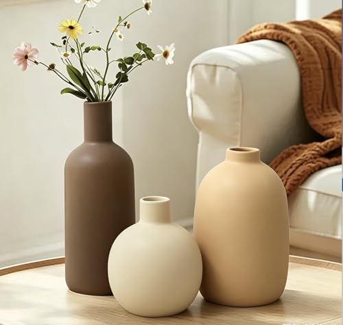 Large Ceramic Vase Set of 3, Brown Rustic Vases Home Decor Waterproof - color: 3pcs-neutral Large