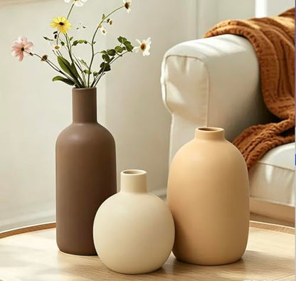 Large Ceramic Vase Set of 3, Brown Rustic Vases Home Decor Waterproof - color: 3pcs-neutral Large