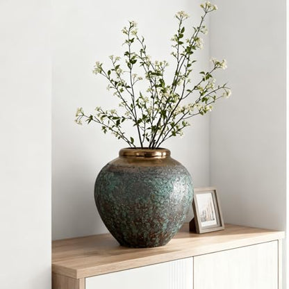 Ceramic Flower Vase, Rustic Farmhouse Flower Vase with Bronze Rim