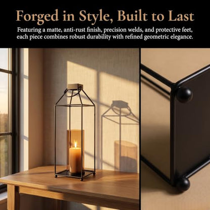 Lanterns Decorative Tall Large Metal Candle Set of 3, Black （16.6",14.7",12.9"） Modern Farmhouse Decor, Indoor, Outdoor, Tabletop, Porch, No Glass NO Candles