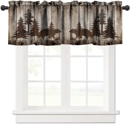 Bear Kitchen Valance, Rustic Cabin Pine Forest Wild Animal Black Bear Retro Wooden Board Window Valance for Farmhouse Bedroom Living Room,54x18in - color: Bear-12