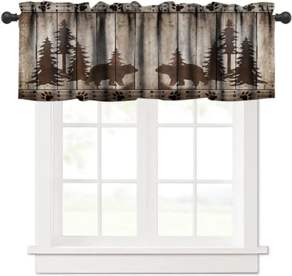 Bear Kitchen Valance, Rustic Cabin Pine Forest Wild Animal Black Bear Retro Wooden Board Window Valance for Farmhouse Bedroom Living Room,54x18in - color: Bear-12