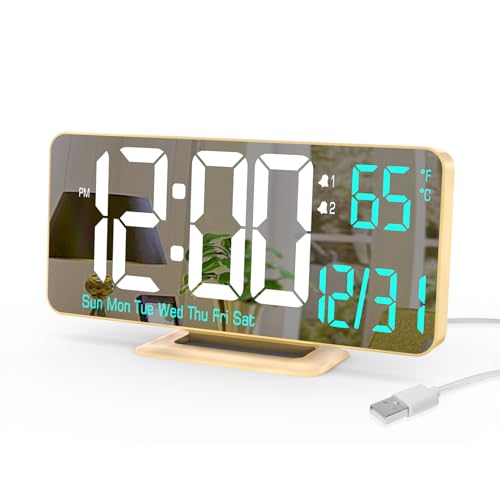 KOSUMOSU Dual Alarm Clock 6.7in Gold Desk Clock with Dimming, 12/24h, Seconds, Date, Day of Week, Temp, Digital LED Clock for Bedroom, Digital Calendar Clocks for Living Room Gold Desk Accessories - color: Gold Clock(white+blue Led)