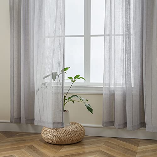 Demetex Lace Sheer Curtains Grey Stripe Small Window Curtain Panels Semi Sheer for Bedroom Curtain, Set of 2, 54 x 45 Inch, Light Gray - color: Striped Grey, size: 54"W x 45"L (Pack of 2)