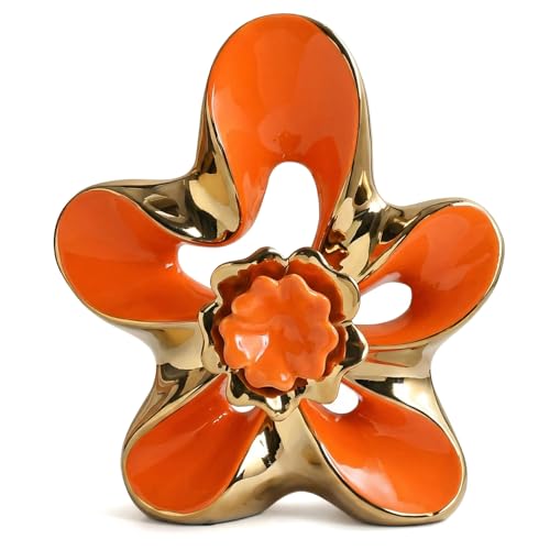 Ceramic Statue Home Decor Aesthetic Abstract Flower Sculpture - color: Orange and Gold