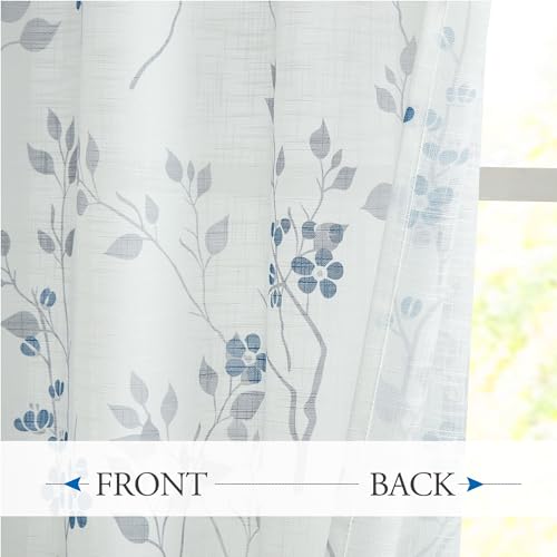 Beauoop Floral Linen Semi Sheer Curtains Living Room Blue Grey 50x54 2 Set - color: Rod Pocket | Blue and Grey, size: 50"W x 54"L (Pack of 2)