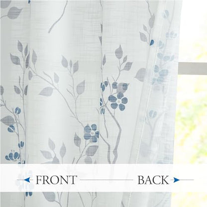 Beauoop Floral Linen Semi Sheer Curtains Living Room Blue Grey 50x54 2 Set - color: Rod Pocket | Blue and Grey, size: 50"W x 54"L (Pack of 2)