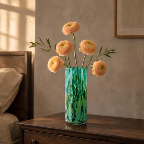 9.45in H Sea Glass Cylinder Vase Unique Hand Blown Glass Vase for Flower - color: Dark Green