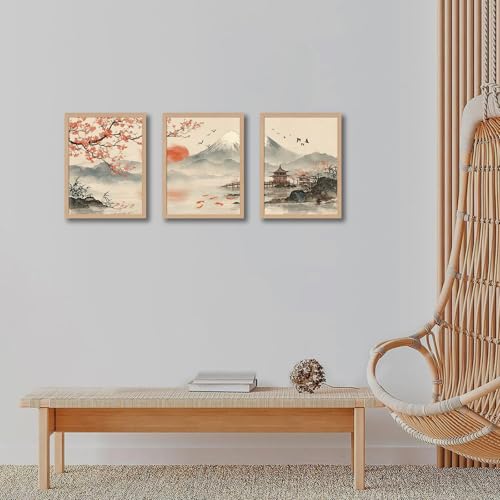 Japanese Sakura Wall Art Set of 3, Mountain Landscape Canvas Prints - color: CherryBlossomMountain, size: 12x16 Inches