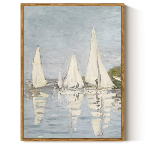 ARPEOTCY Vintage Framed Canvas Wall Art, 12x16inch, Farmhouse Summer Sailboat Wall Decor, Nautical Lake Art Prints Home Decorations, Seascape Paintings for Living Room Bedroom Office Decor - color: 3 White Sails, size: 16"L x 12"W