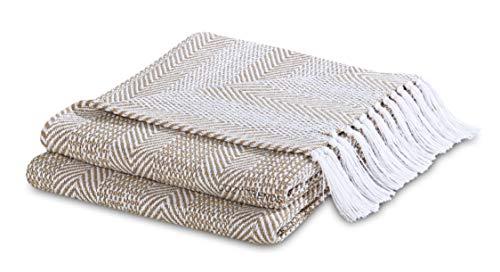 Luxurious Hand Woven Cozy Warm Combed Cotton All Season Indoor Outdoor Light Weight Fade Resistant Couch Chair Bed Throw Blankets Batik 50x60 Inch Set of 2 (Beige) - color: Beige