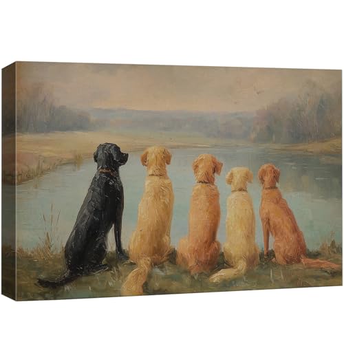 wall26 Canvas Print Wall Art Vintage Labrador Retrievers by the Lake Retro Dog Landscape Digital Art Realism Rustic Scenic Nature Photography Colorful for Living Room, Bedroom, Office - 12"x18" - color: A25-2605-M12, size: 18"L x 12"W
