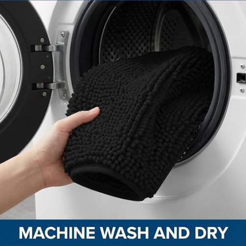 Bathroom Rugs Sets 2 Piece,Super Absorbent Chenille Bath Mats and U-Shaped Toilet Rug,Strong PVC Non Slip Backing,Microfiber Washable Dry Quickly Bath Mats for Bathroom(20"x32"+20"x20"U, Black) - color: Black