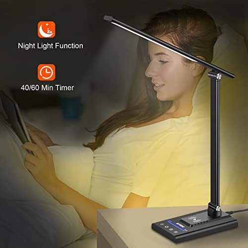 AFROG 5th Gen Multifunctional LED Desk Lamp with 10W Fast Wireless Charger, USB Charging Port,1800Lux Super Bright,5 Lighting Mode,7 Brightness, Touch Control, Auto Timer, 15W Office Table Lamp - color: Black 5.0 Pro