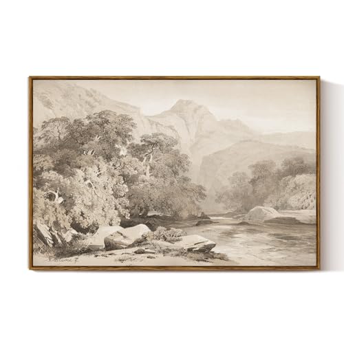 VIYYIEA Large Framed Canvas Wall Art, 24x36 Inch Neutral Vintage Landscape Wall Decor, Minimalist Mountain Scenery for Living Room, Bedroom, Above Sofa - color: Serene Landscape, size: 36"L x 24"W