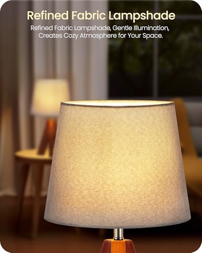 Tripod Table Lamp, 14.6" Small Bedside Lamp with Gray Linen Shade & Dark Wood Base, Modern Nightstand Lamp for Bedroom, Kids Room, Living Room, Nursery, Office, E26 Socket, LH51TL05 - color: Gray+Pearwood