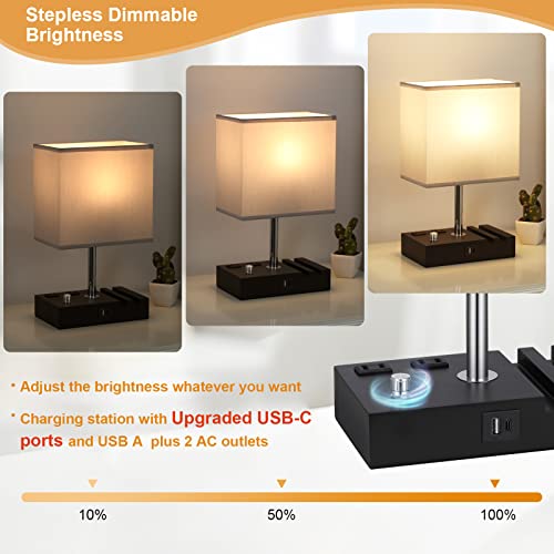 Grey Table Lamp for Bedroom - Stepless Dimmable, USB C+A, 2 AC Outlets - color: Misty Grey with Knob Switch, size: 1 Pack
