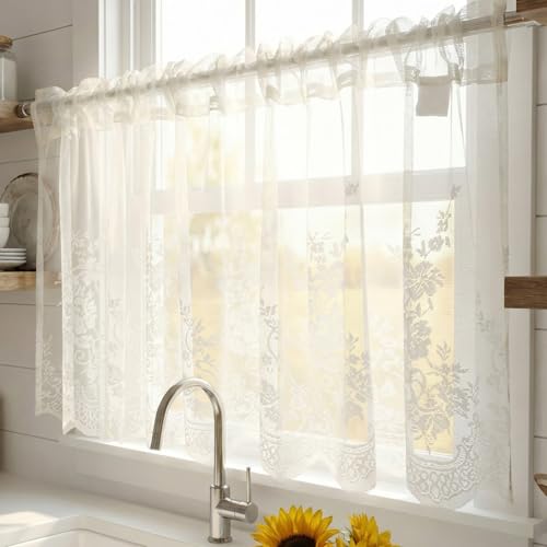 Molaxhome Kitchen Curtains Valance Beige Lace Floral Semi Sheer Curtain - color: Beige, size: 54"W x 24"L (Pack of 1)