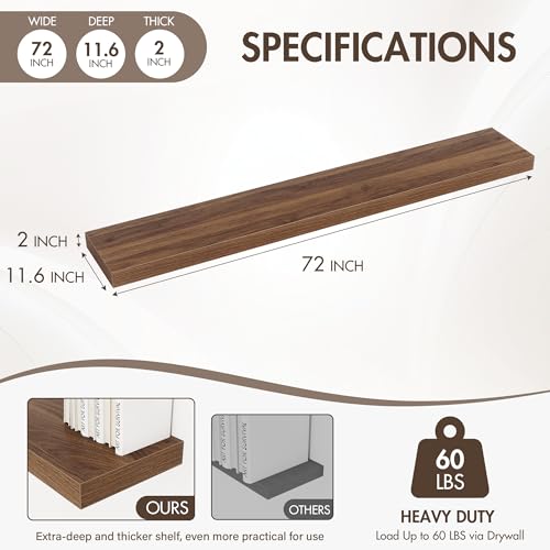 Acovy 72 Inch Floating Shelves, 12" Deep Floating Shelf Wall Mounted, 72" Wall Shelves, Rustic Deep Bookshelf, Extra Deeper & Thicker Display Shelves for Bedroom, Living Room, Walnut, Set of 1 - color: Walnut, size: 12"Wx72"L-1pc