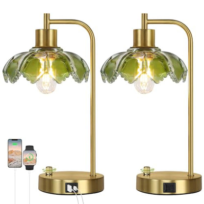 Glass Table Lamps Set of 2, Green Dimmable Bedside Lamps for Living Room - color: Gold&Green-2