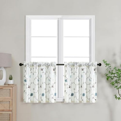 VOGOL Blue Floral Embroidered Tier Curtains, 30 x 24 Inches, 2 Panels - color: Blue, size: 30"W x 24"L (Pack of 2)