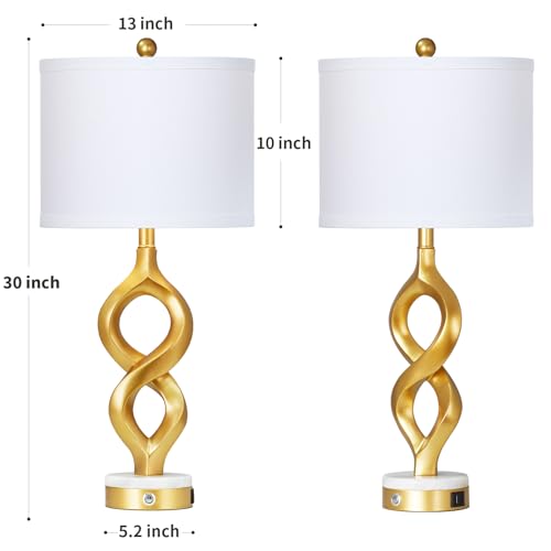 Cinyirong 30" White and Gold Table Lamps Set of 2 for Living Room, Modern Touch Control Bedside Lamps for Bedroom, 3-Way Dimmable Sculptural Resin Nightstand Lamps with USB A+C Ports and 2 LED Bulbs - color: White & Gold (2 Pack)