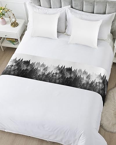 Black Forest Bed Runners for Queen Size Bed, Bed Throws for Foot of Bed, Black and White Natural Landscape Modern Abstract Art Bed Runner Sofa Throw Bedding Scarf Protector Slipcover for Bedroom - size: 83"x20" for Queen Bed