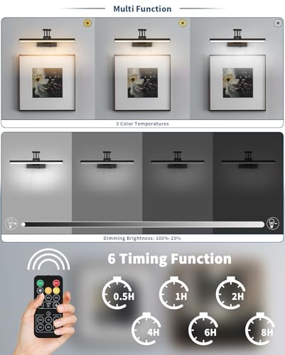 Joossnwell Battery Operated Picture Light Wireless Picture Lights for Paintings with Remote 15.5 Inch Dimmable and Timer Rechargeable Art Light Black Display Gallery Light with Adjustable Swing Arm - color: Battery Operated Black, size: 15.74 inch long