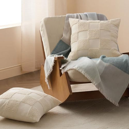 Double Stitch 100% Cotton Tufted Boho Checkered Throw Pillow Covers, Beige - color: Beige, size: 20" x 20" (Pack of 1)