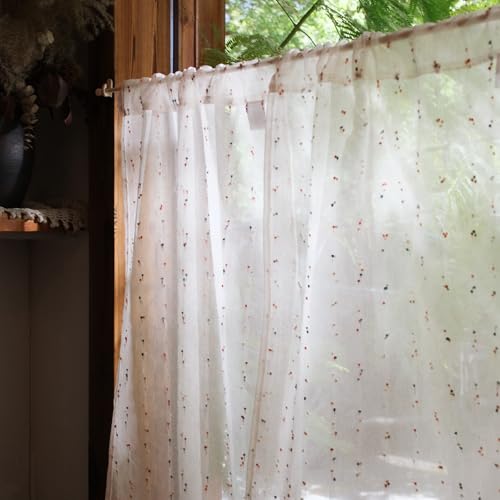 jinchan Colorful Pom Pom Voile Kitchen Tier Curtains 24 Inches 2 Panels - color: Dottie Blush Meadow, size: 26"W x 24"L (Pack of 2)