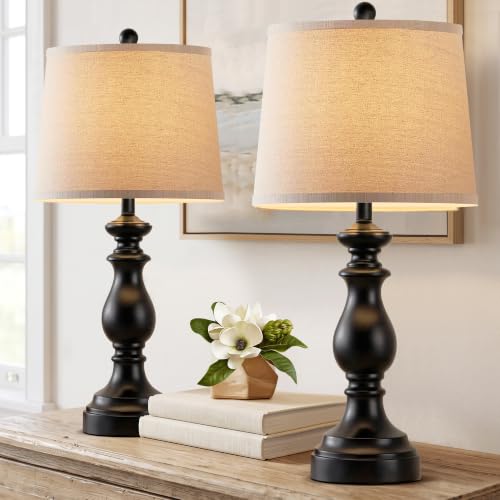 PARTPHONER Traditional Table Lamp Set of 2, Rustic Farmhouse Table Lamps for Living Room Bedroom, 27" Bedside Desk Lamps Vintage Nightstand Lamps with Linen Shades, Matte Black - color: Matte Black, size: 27 Inch