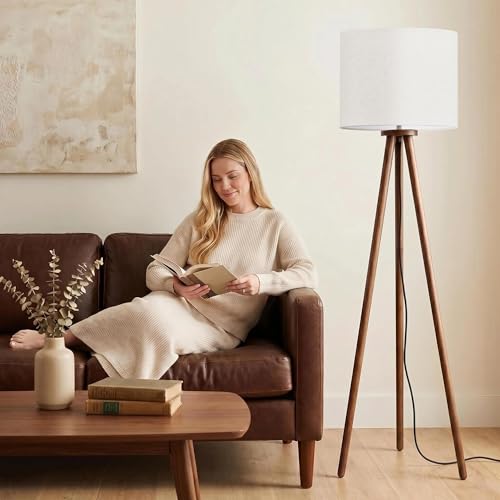 Buruis 60.6 Inch Walnut Wood Tripod Floor Lamp with Linen Drum Shade, Cream - color: Cream