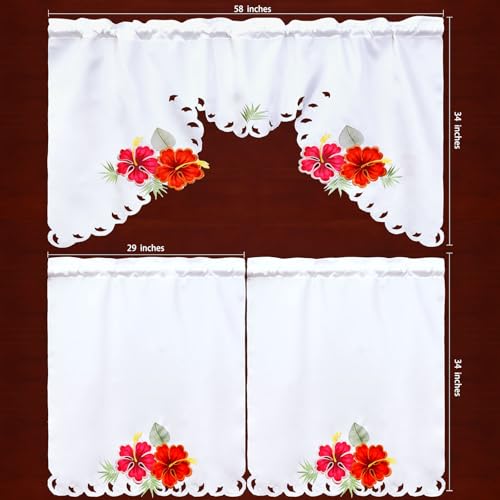 Simhomsen Embroidered Tropical Palm Leaves and Hibiscus Flower Kitchen Window Curtain Swag and Tiers Set for Hawaiian Luau Party, Paradise Jungle Beach Themed Party (Tropical) - color: Tropical