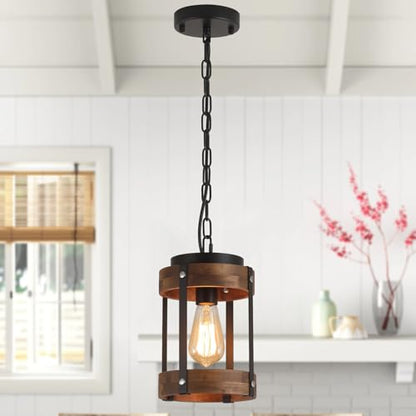 Rustic Farmhouse Wood Pendant Light Fixture One-Light Adjustable Chain Oak Wood and Metal Lantern Drum Small Pendant Lighting for Kitchen Island Sink Hallway Farmhouse Bathroom Bar, Black - size: Small pendant light 1 pack