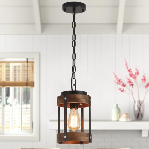 Rustic Farmhouse Wood Pendant Light Fixture One-Light Adjustable Chain Oak Wood and Metal Lantern Drum Small Pendant Lighting for Kitchen Island Sink Hallway Farmhouse Bathroom Bar, Black - size: Small pendant light 1 pack