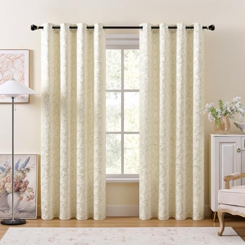 Ivory and Gold Curtains 63 Inch Length 2 Panels Cream Room Darkening Curtains Grommet Modern Art Golden Foil Decor Baroque Metallic Marble Look Textured Jacquard Window Drapes for Bedroom, 52x63 - color: Ivory, size: 52"W x 63"L (Pack of 2)