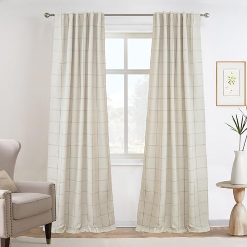 DriftAway 100% Blackout Plaid Linen Curtains 96 Inches Long 2 Panels Taupe - color: Taupe, size: 52"W x 96"L (Pack of 2)
