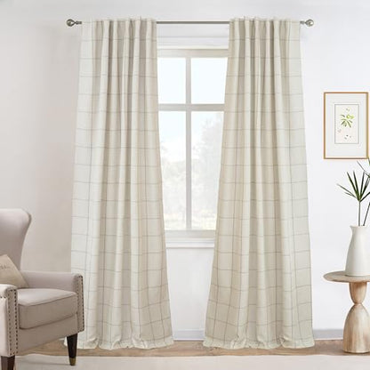 DriftAway 100% Blackout Plaid Linen Curtains 96 Inches Long 2 Panels Taupe - color: Taupe, size: 52"W x 96"L (Pack of 2)