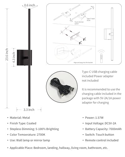 KDG Black 23.6" Cordless Wall Sconces Set of 2, Wireless LED Wall Lamps - color: Black - 2 Pack (23.6 inch)