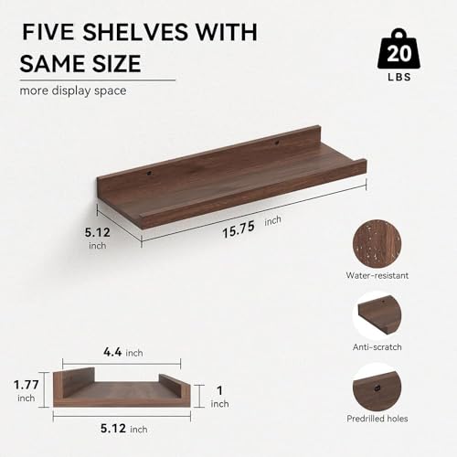RICHER HOUSE 5-Set Floating Shelves with Lip, Walnut Wall Mounted Shelf - color: Walnut, size: 16in