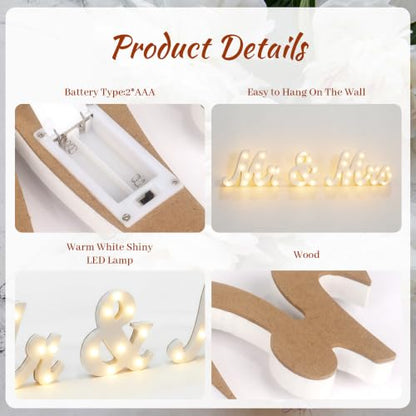 31in Light Up Mr & Mrs Sign White Wooden Letters Wedding Table Decor - color: Warm White