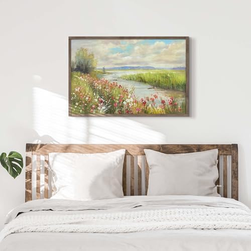 HILL WEST Rustic Landscape Painting Lake Framed Wood Wall Art, 36x24inch - color: Stream, size: 36"L x 24"W