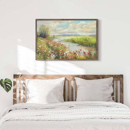 HILL WEST Rustic Landscape Painting Lake Framed Wood Wall Art, 36x24inch - color: Stream, size: 36"L x 24"W