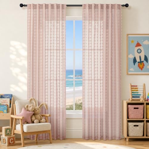 DANCURTON Pink Sheer Curtains 84 Inch Length for Living Room Girls Bedroom 2 Panels Light Filtering Transparency Cute Sheer Semi Curtains Boho Pom Pom Lovely Design Drapes Back Tab 52x84 Blush Pink - color: Dusty Pink, size: 52"W x 84"L (Pack of 2)