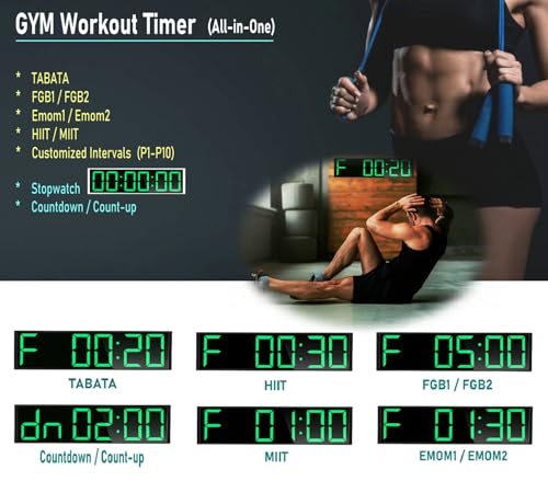 26'' Huge Digital Wall Clock, Home Gym Interval Workout Timers, with Countdown, Stopwatch, 7-Color Light, 8-Alarms, Calendar/Temperature Display, for HIIT/Tabata/FGB/EMOM (Green)