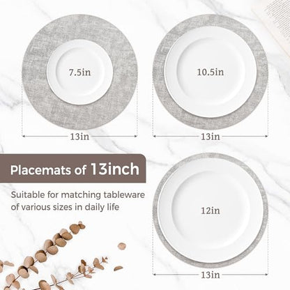 13" Round Placemats Set of 6, Reversible Faux Leather Wipeable Table Mats - color: Light Grey