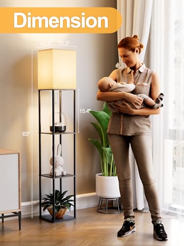 거실용 선반이 있는 플로어 램프 2팩, CCT LED 전구 3개가 있는 선반 플로어 램프, 코너 디스플레이 스탠딩 기둥 램프 이타게르 오거나이저 타워 나이트 스탠드, 침실, 사무실용 화이트 리넨 쉐이드 포함 - color: 블랙.